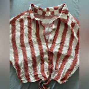 red and white striped collar shirt with tie